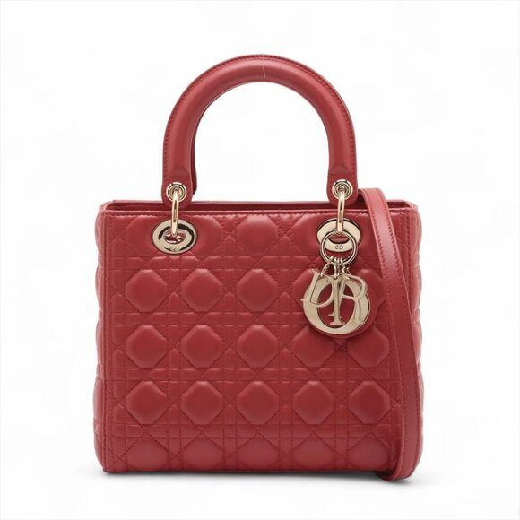 Christian Dior Lady Dior Cannage Leather 2 Way Handbag Red - Picture 1 of 15